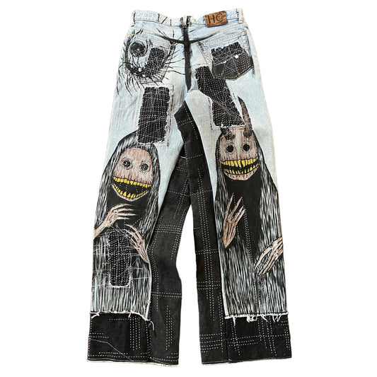 Hand painting on vintage wash blue denim jeans plus sashiko stitching style works