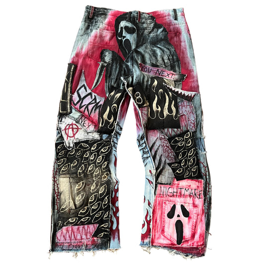 Horror creepy movie dark art on denim jeans