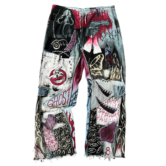 1of1 textile art, patches from waste clothes cut and sewn together in one pants, dark art hand painted inspired 