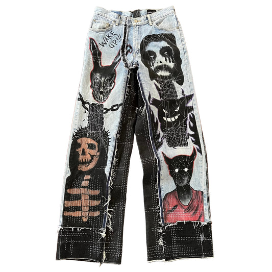 Custom hand drawing on old blue jeans combined with sashiko stitching style, made only one, dark art theme 