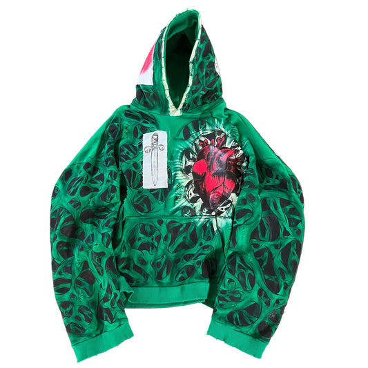 One of a kind custom clothes oversized boxy hoodie, distressed, patchwork and hand painted direct fabric, design theme human anatomy 