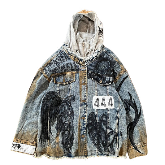 1 of 1 custom clothes, combine technique hand painted, dyed and patchworks. Blue denim acid wash