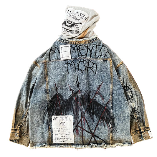 Unique piece custom hand painted patchwork hooded denim jeans jacket acid washed. 