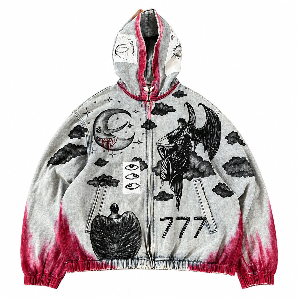 A custom hand painted design hooded zip-up denim jeans jacket, vintage acid wash base with black occult-style illustrations including a crescent moon, clouds, a horned figure, an sky, and the number 777, plus red tie-dye or bleach-splatter effects near the hem and cuffs.
